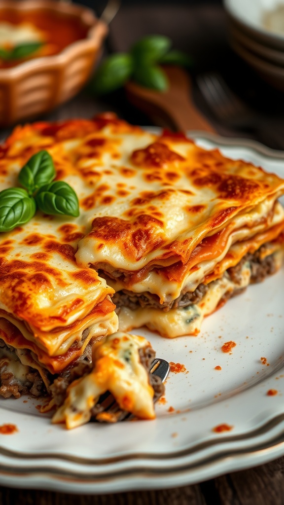 A comforting dish of baked lasagna with golden cheese, layered with meat and béchamel, garnished with basil on a wooden table.